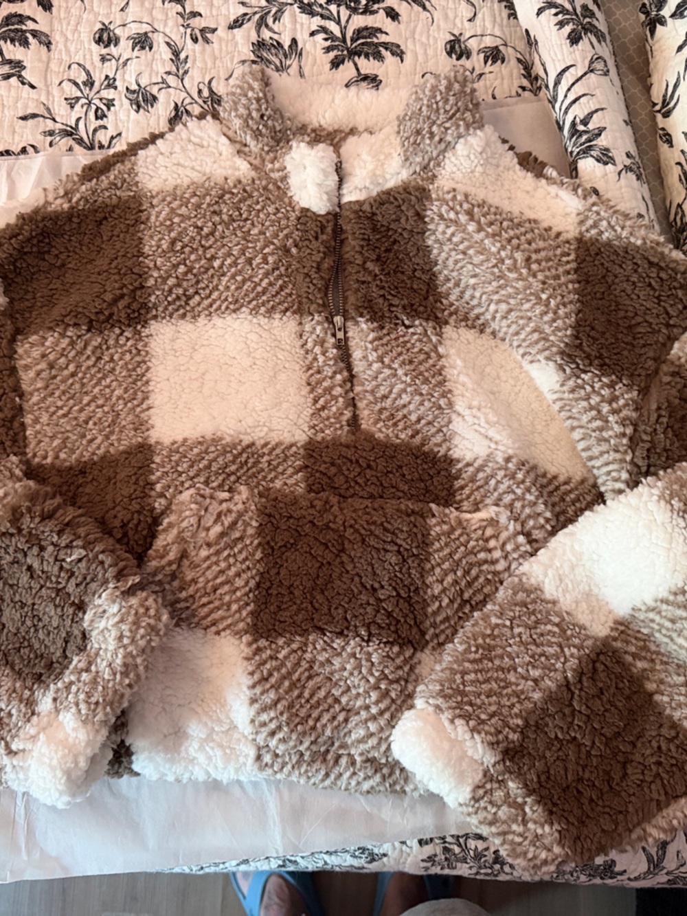 SHEIN Brown and Cream Checkered Sherpa Pullover
